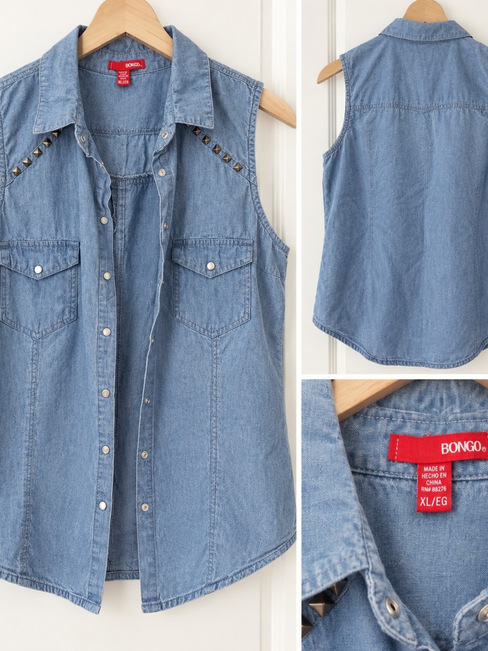 BONGO Light Blue Sleeveless Denim Button-Down Shirt with Stud Accents